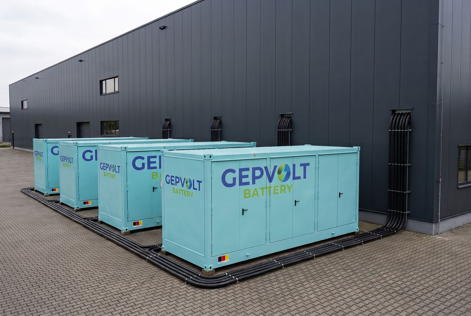 GEPVOLT Batteriespeicher-Container mit Kabelanbindung an ein Gebäude