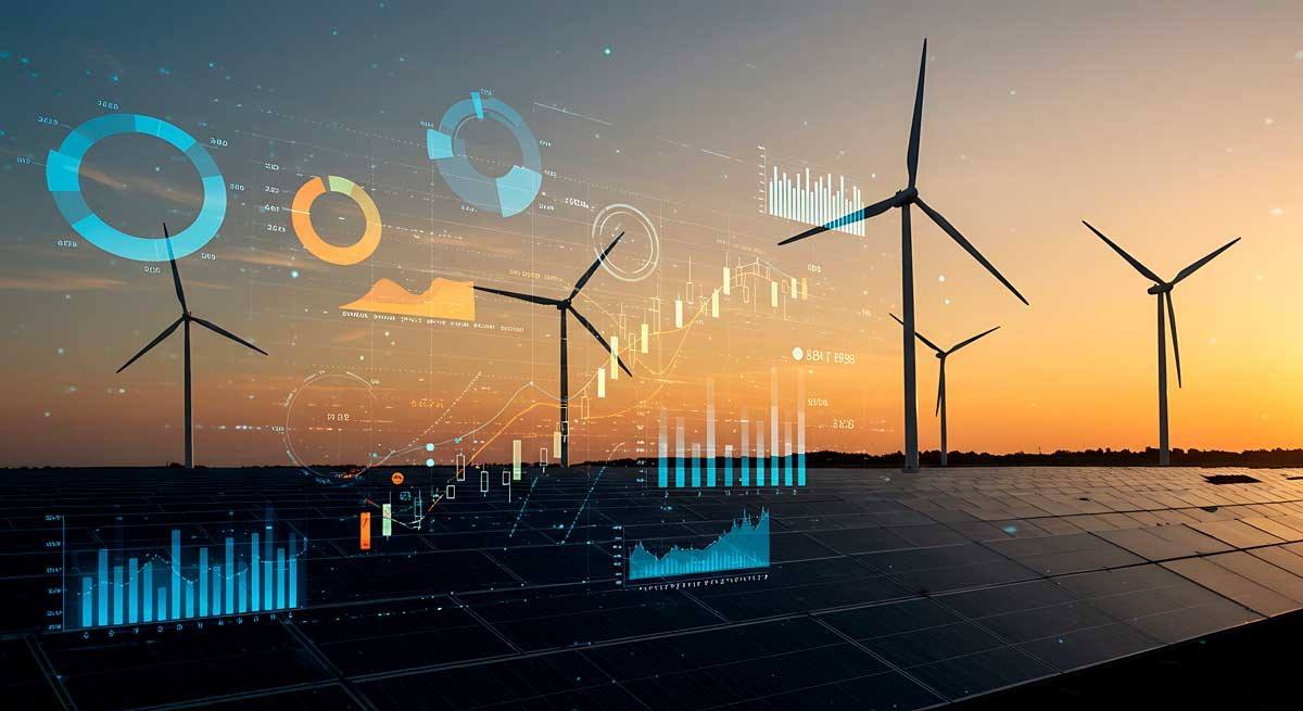 Windpark mit Marktdaten und Strompreiskurven